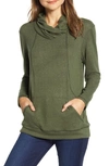 Loveappella Cross Neck Seamed Pullover In Olive