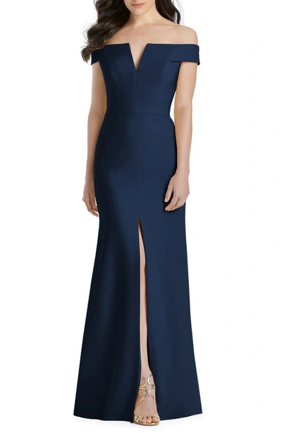 Dessy Collection Off-the-shoulder Notch Trumpet Gown With Front Slit In Blue