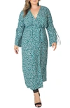 Standards & Practices Ruched Long Sleeve Wrap Maxi Dress In Green Leopard