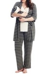 Everly Grey Analise During & After 5-piece Maternity/nursing Sleep Set In Charcoal Stripe