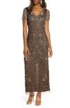 Pisarro Nights Beaded Mesh Column Gown In Mocha