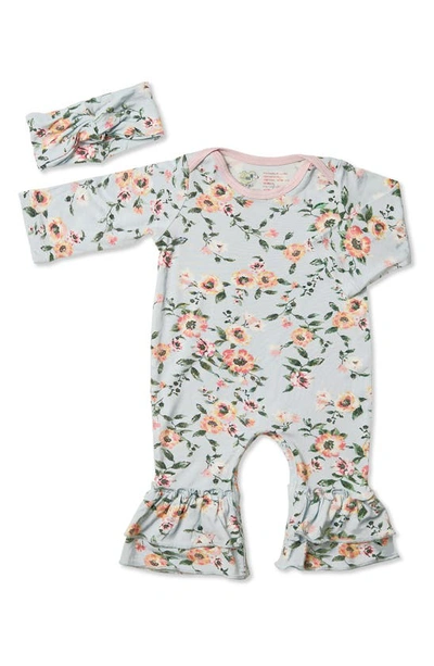 Everly By Baby Grey Ruffle Romper & Head Wrap Set In Cloud Blue