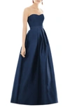 Alfred Sung Strapless Satin Twill A-line Gown In Midnight