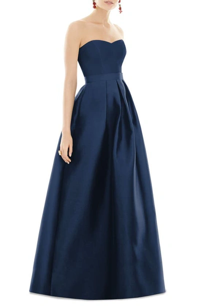 Alfred Sung Strapless Satin Twill A-line Gown In Midnight