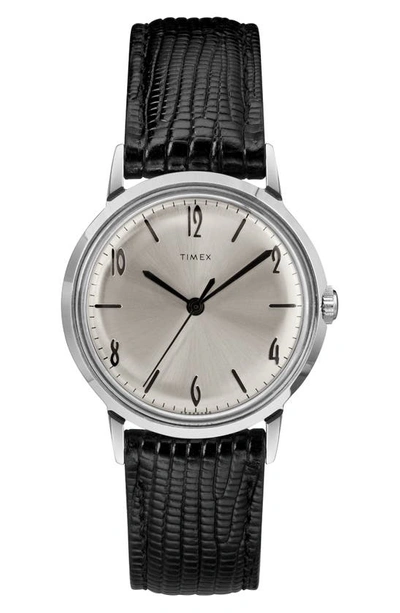 Timexr Marlin Leather Strap Watch, 34mm In Black/ Silver