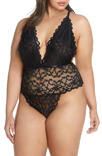 Paulette Lace Trim Satin Thong Bodysuit