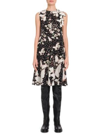 Valentino Butterfly Print Crepe De Chine Sleeveless Dress In Abstract,black,floral