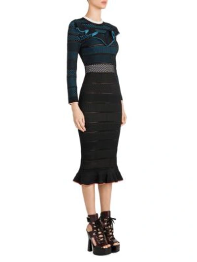 Versace Ruffled Ladder-stitch Midi Dress In Blue Black Multi