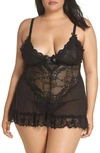Oh La La Cheri Plus Valentine Soft Cup Lace Babydoll With Bows And G-string Panty In Black