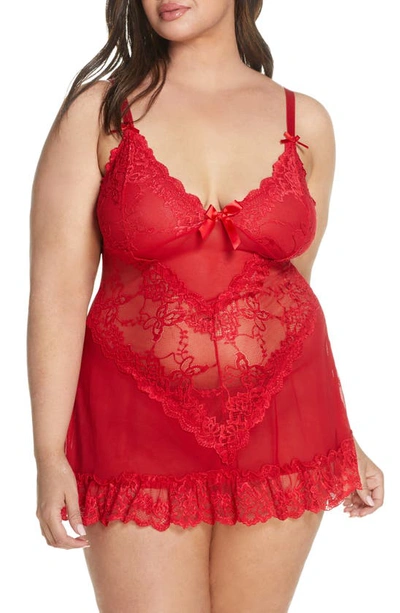 Oh La La Cheri Women's Sheer Cup Lacey Baby Doll With G-string 2pc Lingerie Set In Red