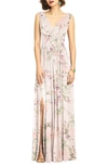 Dessy Collection Surplice Ruched Chiffon Gown In Blush Garden