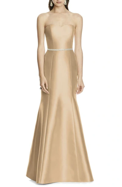 Alfred Sung Strapless Sateen Trumpet Gown In Golden