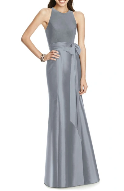 Alfred Sung Jersey Bodice Mikado Trumpet Gown In Platinum