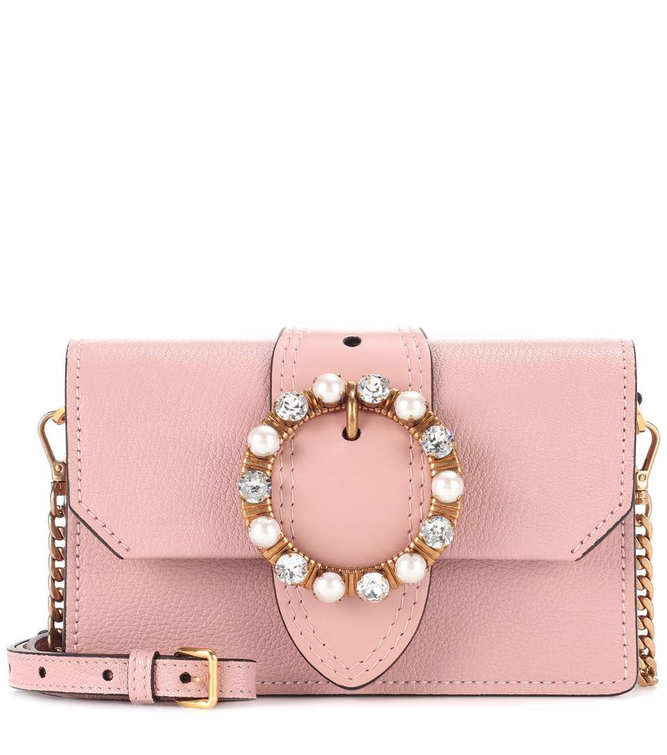 Miu Miu Lady Madras Crystal Embellished Leather Crossbody Bag Pink