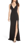 Mac Duggal V-neck Sleeveless Jersey Column Gown With Thigh Slit In Black