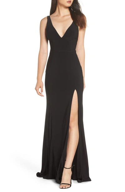 Ieena For Mac Duggal V-neck Sleeveless Jersey Column Gown With Thigh Slit In Black