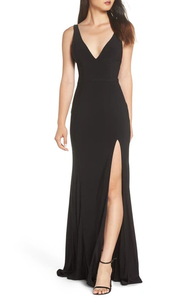 Mac Duggal V-neck Sleeveless Jersey Column Gown With Thigh Slit In Black