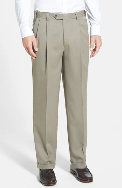 Berle Self Sizer Waist Pleated Classic Fit Wool Gabardine Dress Pants In Tan