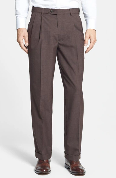 Berle Self Sizer Waist Plain Weave Flat Front Washable Trousers In Brown