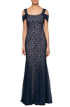 Alex Evenings Cold Shoulder Fit & Flare Evening Gown In Navy/ Nude