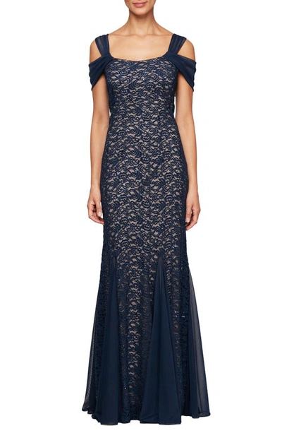Alex Evenings Cold Shoulder Fit & Flare Evening Gown In Navy/ Nude