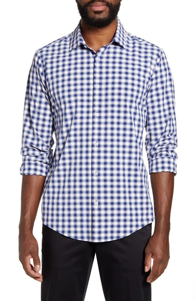 Mizzen + Main Lightweight Leeward Trim Fit Check Performance Button-up Shirt In Navy And White Check