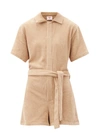 Terry Belted Romper In Beige