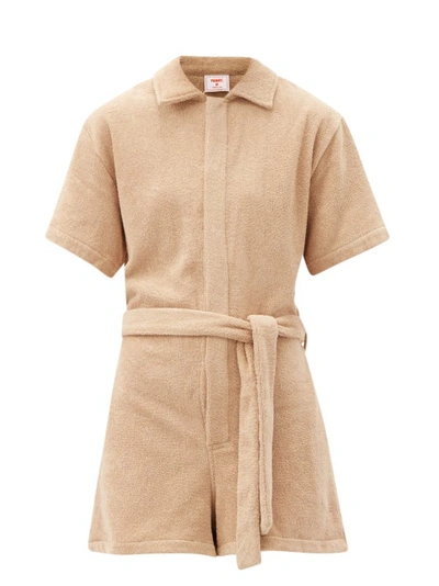 Terry Belted Romper In Tan