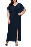 Alex Evenings Embellished Sleeve Knot Front Gown In Navy