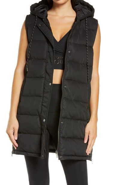 Zella Long Hooded Puffer Vest In Black