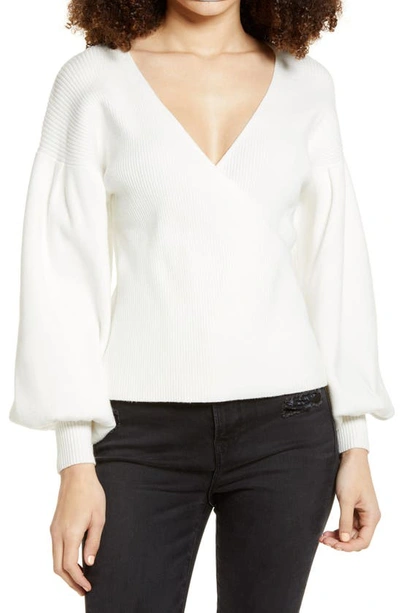 All In Favor Rib Bishop Sleeve Surplice Ribbed Sweater In Ivory
