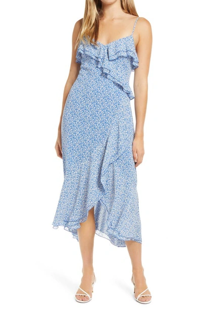 All In Favor Sleeveless Ruffle Hem Midi Dress In Blue White Ditsy