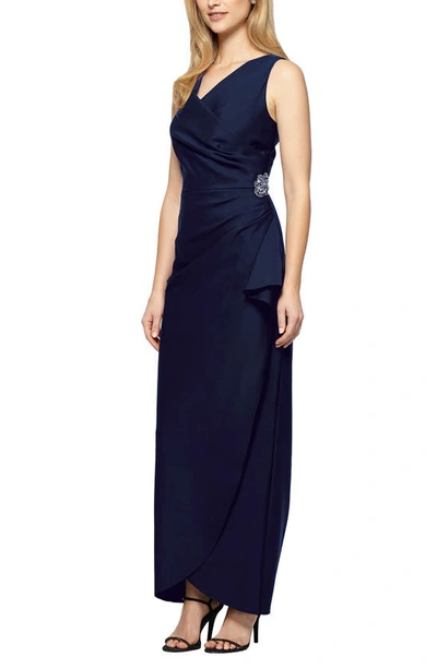Alex Evenings Embellished Side Drape Column Gown In Navy