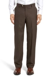 Berle Lightweight Plain Weave Flat Front Classic Fit Trousers In Brown