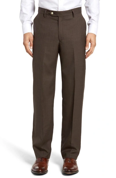 Berle Lightweight Plain Weave Flat Front Classic Fit Trousers In Brown