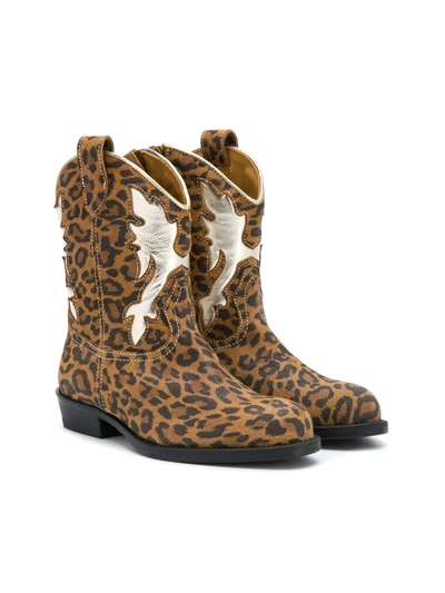 Gallucci Kids' Leopard Print Cowboy Boots In Brown