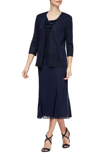 Alex Evenings Cowl Neck Shimmer Midi Dress With Jacket In Dark Navy Blue