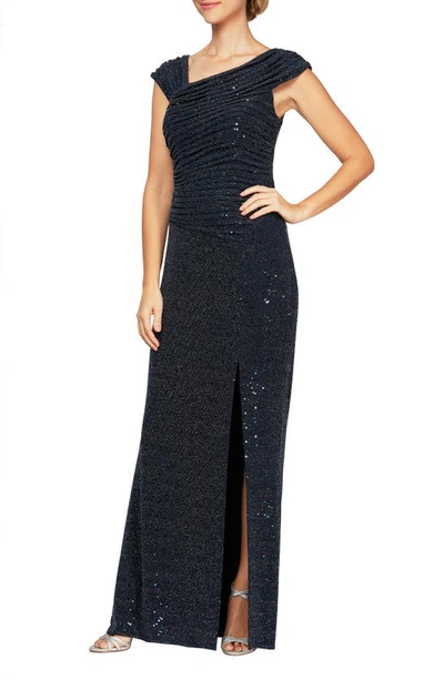 Alex Evenings Sequin Ruched Neck Sparkle Knit Gown In Navy