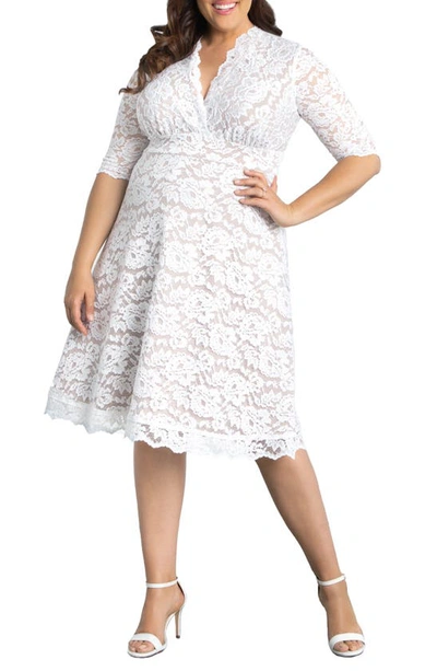 Kiyonna Bella Lace Fit & Flare Dress In White With Champagne Lining