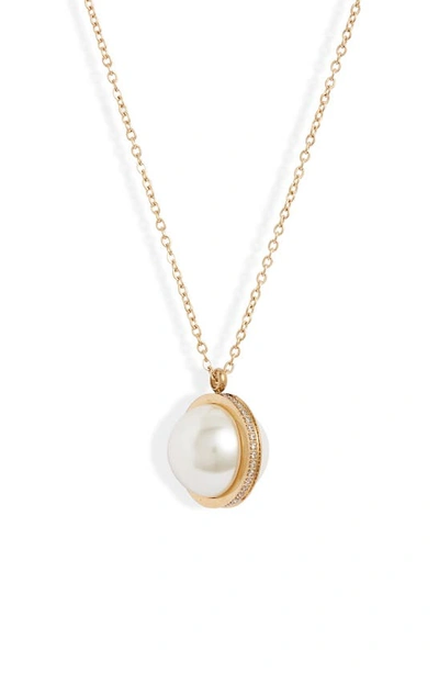 Knotty Imitation Pearl & Crystal Orbit Pendant Necklace In Gold