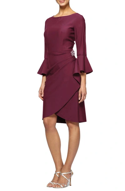 Alex Evenings Bell-sleeve Draped Compression Sheath Dress In Wine