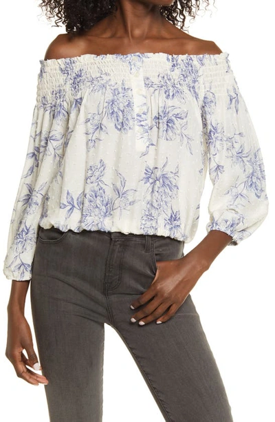 Socialite Off The Shoulder Top In Ivory Blue Floral