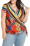 Loveappella Pattern Mix Wrap Front Top In Red