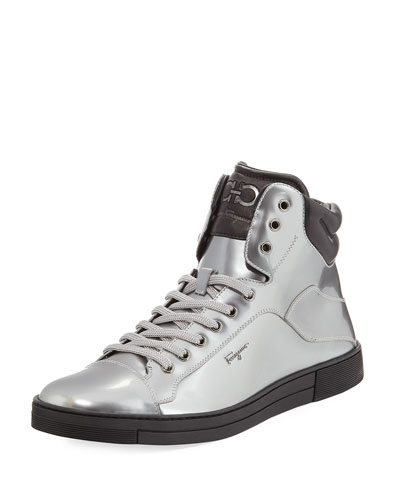 Salvatore Ferragamo Men's Patent Leather High-top Sneakers, Silver ...