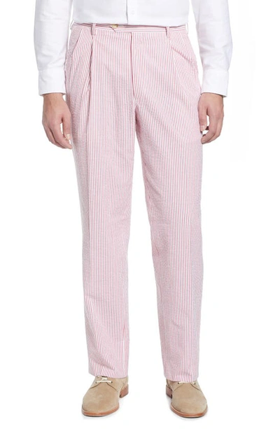 Berle Pleated Seersucker Cotton Dress Pants In Red