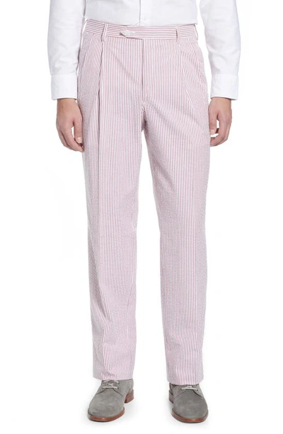 Berle Pleated Seersucker Cotton Dress Pants In Garnet