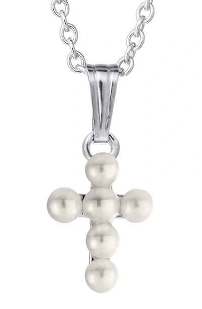 Mignonette Kids' Cultured Pearl Cross Pendant Necklace In Silver