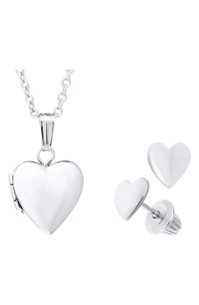 Mignonette Kids' Sterling Silver Heart Locket Necklace & Earrings Set