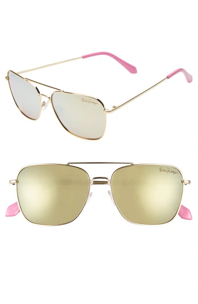 Lilly Pulitzerr Kate 55mm Polarized Aviator Sunglasses In Shiny Gold/ White Enamel