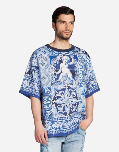 Dolce & Gabbana Oversized T-shirt In Printed Linen In Blue | ModeSens